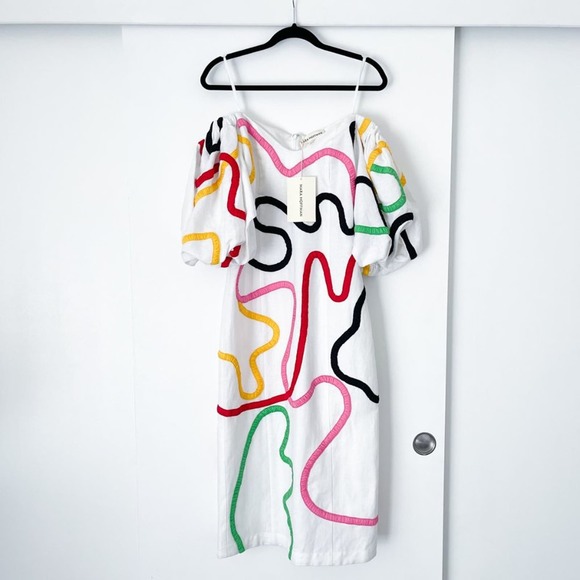 Mara Hoffman Namari off-the-shoulder appliquéd midi dress puff sleeves - Picture 2 of 11